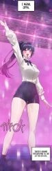 1girls arm_up black_hair blush breasts english_text high_heels long_hair makeup manhwa medium_breasts my_landlady_noona ponytail purple_eyes seo_nari shirt shorts