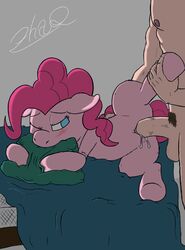 2012 balls bed bite blue_eyes blush colored cum equine female friendship_is_magic grab hair hand horse human male my_little_pony penetration penis pillow pink_hair pinkie_pie_(mlp) pony pussy sex spread_legs spreading straight straight_hair vaginal_penetration zhaq