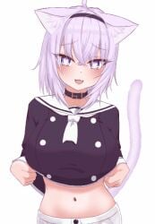 animal_ears animated breasts cat_ears cat_tail catgirl eka_kinoko hairband heart-shaped_pupils hololive large_breasts nekomata_okayu nipples purple_eyes purple_hair shirt_lift short_hair tail titty_drop tongue tongue_out virtual_youtuber