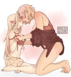 2girls annaliseaustenn artist_name big_breasts blonde_hair blush bra bra_down breast_size_difference cleavage closed_eyes color dated delicious_in_dungeon dungeon_meshi ear_blush elf_ears elf_female falin_touden fanon_couple female female/female female_only gradient_background green_eyes hair_down hair_ribbon half-elf hand_on_another's_arm highres imminent_kiss imminent_sex kneeling large_breasts lesbian_couple lighting long_hair looking_at_partner marcille_donato multiple_girls open_clothes open_shirt panties partially_clothed pink_background pointy_ears red_ribbon removing_bra romantic romantic_couple shirt_down side_view small_breasts smile undressing undressing_another very_long_hair watermark white_background white_panties wholesome wide_eyed wrist_grab yuri