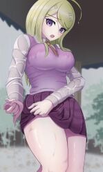 1girls absurdres ahoge akamatsu_kaede blonde_hair blush breasts collared_shirt commentary_request cowboy_shot curvy danganronpa danganronpa_v3 eyelashes female fortissimo from_below frown hair_ornament hair_over_breasts highres large_breasts long_hair long_sleeves looking_down miniskirt musical_note musical_note_hair_ornament musical_note_print nanafuku necktie open_mouth orange_necktie outdoors parted_bangs pink_sweater_vest pleated_skirt print_skirt purple_eyes rain ringed_eyes school_uniform see-through_clothes see-through_shirt shiny_skin shirt skirt solo straight_hair sweater_vest teeth thighs upper_teeth_only wet wet_clothes wet_shirt white_shirt wringing_clothes wringing_skirt