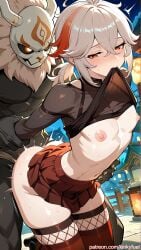 anal anal_sex bulge doggy_style doggy_style femboy genshin_impact heels hilichurls_(species) kaedehara_kazuha kinkyfuel lingerie miniskirt skirt topwear yaoi