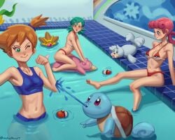 3girls afloat asymmetrical_hair barefoot bikini blue_bikini blue_eyes blue_swimsuit blush breasts cleavage closed_mouth eyelashes feet food gen_1_pokemon green_eyes green_hair gym_leader high_resolution huge_breasts kasumi_(pokemon) large_breasts legs long_hair looking_at_another looking_at_viewer medium_breasts multiple_girls navel nurse_joy officer_jenny_(pokemon) one_eye_closed open_mouth orange_hair partially_submerged pink_hair poke_ball poke_ball_(basic) pokemon pokemon_(anime) pokemon_(classic_anime) ponytail pool psyduck red_bikini red_eyes red_hair red_swimsuit ripples seel short_hair side_ponytail sitting slowpoke small_breasts smile soaking_feet sports_bikini sportswear squirtle staryu swimsuit thighs tied_hair twintails undeadaheadt water wink
