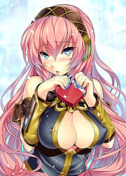 1girls blue_eyes blush breasts chocolate cleavage cleavage_cutout erect_nipples female hands headphones hikapan huge_breasts long_hair megurine_luka munechira nail_polish nipples nipples_visible_through_clothing pink_hair shy solo valentine very_long_hair vocaloid