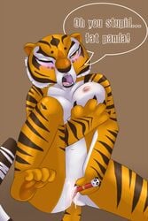 anthro blush breasts english_text feline female fur furry kung_fu_panda luckynumbers master_tigress masturbation pencil pussy pussy_juice text tiger