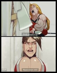 1boy 1girls 2020 andy_bogard biceps big_breasts blonde_hair blue_eyes breasts brown_eyes brown_hair bursting_breasts busty cleavage comic dialogue dieselbrain fatal_fury female funny humor king_of_fighters large_breasts long_hair mai_shiranui male muscular muscular_male overflowing_breasts parody ponytail snk sweat tagme text the_shining