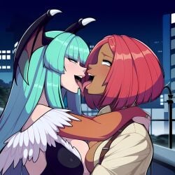 1:1 2girls ai_generated brazilian brazilian_female breasts crossover dark-skinned_female dark_skin darkstalkers female female_only french_kiss french_kissing giovanna_(guilty_gear) green_hair guilty_gear guilty_gear_strive head_wings kissing long_hair morrigan_aensland multiple_girls powerhouserift red_hair short_hair succubus tongue_kiss tongue_touching_another's_tongue tongues_touching yuri