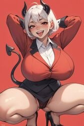 ai_generated arms at background behind black blush breasts cameltoe demon eyes female girl hair head heels high horns huge juswa legs looking out panties red shirt short skirt solo spread squatting tail thick thighs tongue underwear viewer white