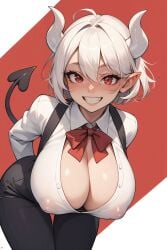 ai_generated at background blush bow bowtie breasts cleavage covered demon ear eyes female forward girl grin hair hanging horns juswa leaning looking nipples pants pointy red shirt short smile solo tail teeth viewer white