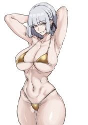 armpits arms_behind_back arms_up bikini breasts cleavage collarbone female girls'_frontline gold_bikini grey_hair hair_ribbon large_breasts looking_at_viewer open_mouth presenting_armpit purple_eyes ribbon rpk-16_(girls'_frontline) short_hair simple_background smile solo swimsuit wessidesuyo white_background yellow_bikini