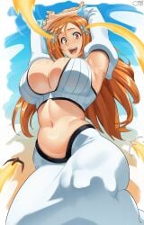 :d arms_up belly_button big_breasts bleach bleach:_sennen_kessen-hen bleach:_the_thousand-year_blood_war breast_focus breasts brown_eyes busty castell cleavage cleavage_cutout curvy dress exposed_midriff female highres inoue_orihime large_breasts long_hair looking_at_viewer midriff navel open_mouth orange_hair smile solo voluptuous wide_hips