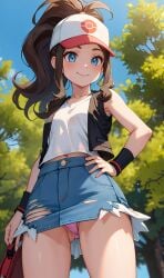 adapted_costume ai_generated alternate_costume alternate_outfit alternative_fashion blue_eyes blush brown_hair denim_skirt hilda_(pokemon) jean_skirt looking_at_viewer miniskirt panties pantyshot_(standing) pink_panties pokemon pokemon_bw ponytail skirt smile thighs upskirt wristbands