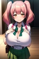 ai_generated bare_legs big_breasts fujinoki_nene gyaru hajimete_no_gal huge_breasts huge_thighs light-skinned_female light_skin looking_back massive_breasts pink_hair school_uniform schoolgirl shortstack smiling solo_female thick_thighs thighs twintails voluptuous voluptuous_female yellow_eyes