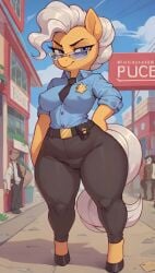 1girls ai_generated alternate_costume annoyed annoyed_expression big_breasts cameltoe female female_only friendship_is_magic hasbro mayor_mare_(mlp) my_little_pony nipple_bulge nipples_visible_through_clothing police police_uniform policewoman scalieton self_upload thick_thighs tight_clothing