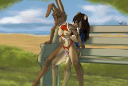 beach bench blue_eyes bodily_fluids bouncing_breasts breasts brown_body brown_fur clothing cum dark_hair drqube duo duo_in_panel felid female fur futanari genital_fluids genitals hair herm hi_res ineffective_bottomwear ineffective_clothing ineffective_swimwear intersex lagomorph leporid long_hair mammal penetration penis prehistoric_species rabbit saber-toothed_tiger short_hair text text_on_clothing vaginal_penetration