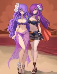 1girls :o alternate_costume arm_around_waist ass_visible_through_thighs bare_arms bare_legs bare_midriff bare_shoulders beach bikini bikini_skirt black_bikini black_swimsuit breasts camilla_(fire_emblem) camilla_(summer)_(fire_emblem) choker cleavage collarbone female female_only fingerless_gloves fire_emblem fire_emblem_fates fire_emblem_heroes fire_emblem_warriors:_three_hopes flower fraudulenttaco full_body gloves hair_flower hairband high_heels large_breasts legs long_hair looking_at_viewer medium_breasts midriff navel nintendo ocean official_alternate_costume outdoors pink_eyes pink_hair purple_bikini purple_eyes purple_hair purple_swimsuit sarong see-through shez_(female)_(fire_emblem) shez_(female)_(summer)_(fire_emblem) shez_(fire_emblem) shoulders skirt smile solo sunset swimsuit very_long_hair wavy_hair whistle whistle_around_neck