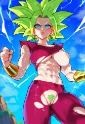 1girl abs ai_generated blue_eyes breasts breasts_out covered_nipples dragon dragon_ball_super electricity empty_eyes female_only green_hair hairy_pussy jagat_ai kefla legendary_super_saiyan muscular_female nipples parted_lips pussy solo solo_focus super_saiyan sweat torn_clothes torn_clothing torn_pants