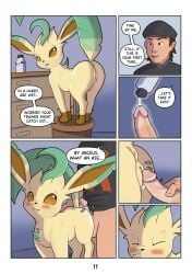 absurd_res ass blush clothed clothing comic dialogue duo eeveelution ekayas erection female female_on_human feral generation_4_pokemon genitals gloves_(marking) hi_res human human_on_feral humanoid_genitalia humanoid_penis imminent_vaginal interspecies inviting larger_human larger_male leafeon leg_markings lube lube_bottle male male/female male_human male_on_feral mammal markings nintendo onomatopoeia partially_clothed penis pokemon pokemon_(species) pokephilia presenting presenting_hindquarters presenting_pussy pussy raised_tail rubbing size_difference smaller_female smaller_feral socks_(marking) sound_effects tail text topwear zoophilia