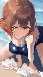 absurdres ahoge all_fours bare_arms bare_shoulders beach blue_one-piece_swimsuit blush breasts brown_hair cleavage day dot_nose gakuen_idolmaster grin hair_bun hanami_ume hands_on_ground highres idolmaster large_breasts leaning_forward legs_apart looking_at_viewer medium_hair one-piece_swimsuit orange_eyes outdoors ray_mil68 sand school_swimsuit single_side_bun smile swimsuit water wet