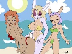 3girls 4:3 animated beach bikini blonde_hair blue_eyes breasts brown_eyes buckteeth cinnamon_(flufdustbunny) clothed clothing cloud dancing digital_media_(artwork) female females_only flash fluf flufdustbunny furry furry_female furry_only group hair lagomorph leporid long_hair mammal navel nipples open_mouth outside purple_eyes purple_hair rabbit red_(flufdustbunny) red_hair sea seaside short_hair skimpy sky sound star_(flufdustbunny) sun swimwear tagme teeth tight_clothing topless two-piece_swimsuit video water