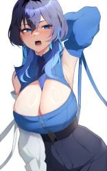 arm_up blue_eyes blue_hair breasts cleavage commentary fangs female highres hololive hololive_english large_breasts lessone medium_hair official_alternate_costume open_mouth ouro_kronii ouro_kronii_(4th_costume) paid_reward_available sidelocks simple_background solo teeth virtual_youtuber white_background