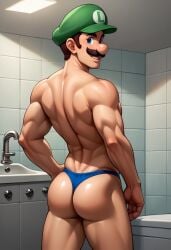 1boy ai_generated ass bathroom bathroom_sink bathtub blue_eyes blue_thong daddy facial_hair green_hat human hunk indoors looking_back luigi male male_only mario_(series) moustache muscular muscular_male nintendo smile solo solo_male thong