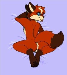 anthro body_pillow canid canine dakimakura dakimakura_pillow fox heart_eyes heart_symbol hi_res lake_ridley_(synthet1c) lying male mammal on_front pillow raised_tail smile smiling_at_viewer smirk smirking_at_viewer solo synthet1c tail tongue tongue_out