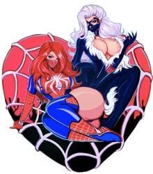 2girls ass black_cat_(marvel) blue_eyes breasts claws cleavage_cutout clothing_cutout cosplay face_mask felicia_hardy huge_breasts leather_clothes marvel mary_jane_watson mask multiple_girls red_hair silk spider-man_(cosplay) spider-man_(series) spider_web theartofmathew white_hair