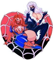 2girls ass black_cat_(marvel) blue_eyes breasts claws cleavage_cutout clothing_cutout cosplay face_mask felicia_hardy huge_breasts leather_clothes marvel marvel_comics mary_jane_watson mask multiple_girls no_bra red_hair silk spider-man_(cosplay) spider-man_(series) spider_web theartofmathew white_hair