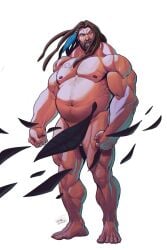 1boy 1male bara bara_tiddies bara_tits barazoku beard biceps big_arms big_belly big_trapezius blue_eyes brown_hair creative_censorship dreadlocks feather_in_hair ilovefsushi league_of_legends long_hair long_hair_male love_sushi male male_only muscular muscular_arms muscular_male muscular_thighs no_visible_genitalia solo_male thick_thighs udyr