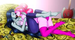 2girls adventure_time barefoot black_hair breasts breasts_grab closed_eyes electric_guitar female female_only french_kiss guitar jadenkaiba long_hair marceline multiple_girls musical_instrument pink_hair pink_skin ponytail princess_bubblegum thighhighs tiara tied_hair toes yuri