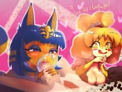 4:3 animal_crossing ankha_(animal_crossing) anthro bed big_breasts blue_eyes blue_hair blush bodily_fluids breasts bubble clothing cum cum_bubble cum_in_mouth cum_inside cum_on_face cum_on_penis drooling eyelashes eyeshadow fellatio female furniture genital_fluids genitals group hair hi_res human isabelle_(animal_crossing) kneeling lips lipstick lipstick_on_penis makeup male male/female mammal mistleinn nintendo on_bed oral penile penis penis_grab saliva sex simple_background sitting sitting_on_bed smile tail trio yellow_body yellow_eyes