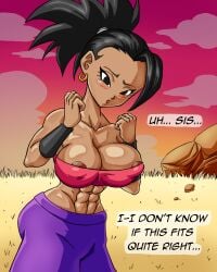 1girls abs big_breasts blonde_hair caulifla_(cosplay) cosplay dragon_ball dragon_ball_super embarrassed english_text female female_only kale nipples_visible_through_clothing ponytail shy solo superspacewarrior tan_body text