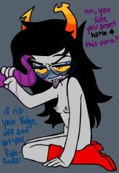 1boy 1girls angry bodily_fluids embarrassed eridan_ampora female glasses holding_penis homestuck homestuck_troll lost_bet male mspaintadventures partially_clothed sticking_out_tongue strilalonder tentabulge vriska_serket