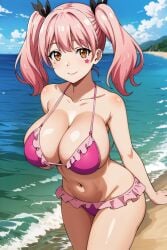 ai_generated bare_legs beach big_breasts bikini bikini_top fujinoki_nene gyaru hajimete_no_gal huge_breasts huge_thighs light-skinned_female light_skin looking_at_viewer massive_breasts pink_hair shortstack smiling solo_female thick_thighs thighs twintails voluptuous voluptuous_female yellow_eyes