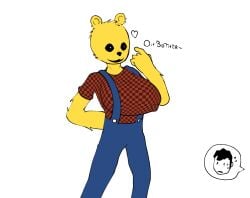bear_girl big_chest black_eyes blue_pants christopher_robin fur genderbend nipples_visible_through_clothing pooh_bear red_shirt text unknown2146 white_pupils winnie_the_pooh_(franchise)