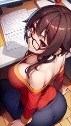 ai_generated alternate_breast_size ass ass_focus bare_shoulders big_breasts breasts brown_hair butt_focus choker cleavage desk focus from_above from_behind from_behind_position glasses kono_subarashii_sekai_ni_shukufuku_wo! large_breasts light light_body light_skin lighting looking_at_viewer megumin no_bra nsfw office_lady pants pov red_eyes seducing seduction seductive seductive_body seductive_eyes seductive_gaze seductive_look seductive_pose seductive_smile shiny shiny_body shiny_breasts shiny_clothes shiny_hair shiny_skin short_hair sitting sky4maleja smile thick_ass