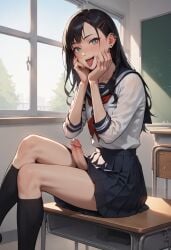 1femboy ahe_gao ai_generated balls better_than_girls classroom crossdressing crossed_legs dark_cultist desk erect_penis erection femboy femboy_only girly hands_on_own_face indoors long_hair looking_at_viewer male male_only open_mouth otoko_no_ko penis penis_out pleated_skirt precum school_uniform self_upload shirt shoes short_sleeves sitting sitting_on_desk skirt smile socks solo tongue tongue_out window
