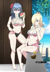 2girls alternate_costume bikini blonde_hair blue_eyes breasts byleth_(female)_(fire_emblem) byleth_(fire_emblem) byleth_(fire_emblem)_(female) company_connection corrin_(female)_(fire_emblem)_(cosplay) cosplay crossover duo female female_only fire_emblem fire_emblem:_three_houses fire_emblem_cipher maii_artss mario_(series) nintendo princess_rosalina shell_bikini swimsuit tagme teal_hair