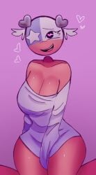 1girl big_breasts big_thighs black_eyes breasts chile chile_(countryhumans) countryhumans countryhumans_girl female female_only girl heart heart-shaped_pupils huge_boobs huge_breasts humanoid oksaoksa one_eye_obstructed open_mouth pink_background red_body red_fur shirt white_shirt