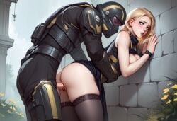 1boy 1boy1girl 1girls against_wall ai_generated anaslex armor ass ass big_breasts blonde_hair blue_eyes blush breasts breasts_out doggy_style from_behind_position helldiver_(helldivers) helldivers helldivers_2 helmet hi_res large_breasts penetration pussy_juice pussy_juice_drip sex side_view skindentation thick_thighs thighhighs thighs vaginal_penetration