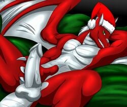 armpits balls bed biceps claws darthglacier dragon erection flexing green_eyes hair horn looking_at_viewer lying male male_only nude on_back pecs penis pose presenting reptile santa_hat scalie solo spread_legs spreading the_jedidragon