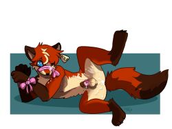 anthro bodily_fluids bound bow_muzzle bow_ribbon canid canine chastity_cage chastity_device cum ear_piercing ear_tag femboy fox genital_fluids hands_tied hi_res lake_ridley_(synthet1c) male male/male mammal piercing solo synthet1c