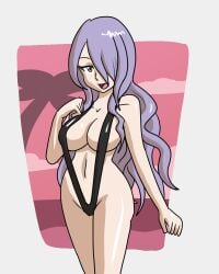 black_one-piece_swimsuit black_swimsuit breasts camilla_(fire_emblem) female female_only fire_emblem fire_emblem_fates hair_over_one_eye looking_at_viewer mythkaz nintendo one-piece_swimsuit open_mouth purple_hair slingshot_swimsuit solo swimsuit