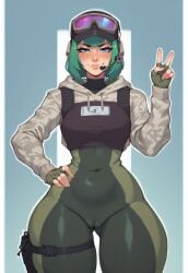 ai_generated blue_eyes bodysuit cameltoe child_bearing_hips ela_(rainbow_six) fertile_hips green_hair peace_sign slim_waist smile wide_hips