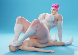 1boy 1girl 3d 3d_(artwork) arm_gloves arm_support blue_background feet feet_on_face feet_together female femdom green_eyes hetero knees_apart large_breasts leaning_back legs lips looking_down muscles muscular_female no_shoes nose one-piece_swimsuit overwatch pink_hair sandreiio short_hair sitting_on_person swimsuit thick_thighs white_gloves white_socks white_swimsuit zarya