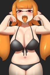 bikini bikini_bottom bikini_top inkling inkling_girl kaori_(splatoon) looking_at_viewer nobunagapero open_mouth shiny_skin splatoon thick_thighs thighs thighs_together tongue tongue_out