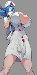 1futa ai_generated blue_hair bulge eyepatch from_below futa_only futanari gloves grey_background huge_breasts large_breasts nurse_cap red_eyes skullgirls smile solo solo_futa standing valentine_(skullgirls)