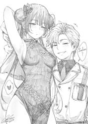 1boy 1girls armpits arms_behind_head arms_up artist_self-insert breasts butterfly_hair_ornament china china_dress chinese_clothes coat commentary covered_nipples dated double_bun dress english_text female fkscrashing graphite_(medium) greyscale grin hair_bun hair_ornament half-closed_eyes highres long_hair male medium_breasts mole mole_under_eye monochrome necktie original presenting_armpit sideboob signature smile smug traditional_media twintails