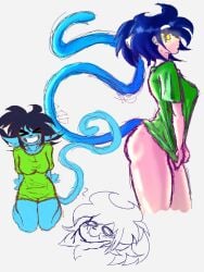 alien alien/human alien_girl alien_humanoid alien_look_like_human blue_hair blue_skin brock903 brock_903(brock903) cute_face face_squish freckles genderswap_(mtf) green_clothing monkey_tail no_panties no_pants oversized_clothes ponytail primate rule_63 self_upload shirt shirt_only shirt_pull smile tail thick thick_ass thick_thighs